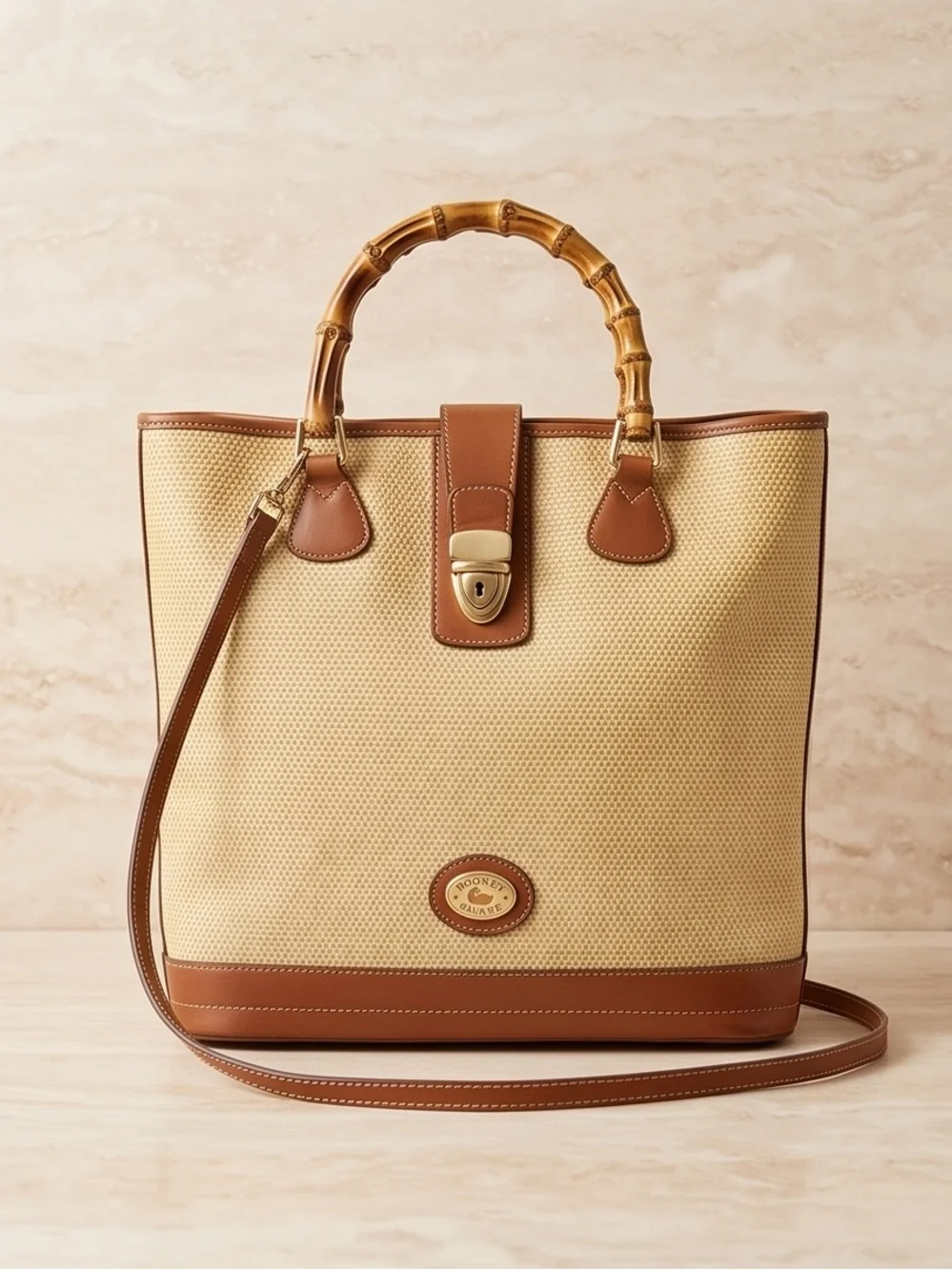 Dooney & Bourke Beige Canvas Tote with Brown Leather & Bamboo Handles